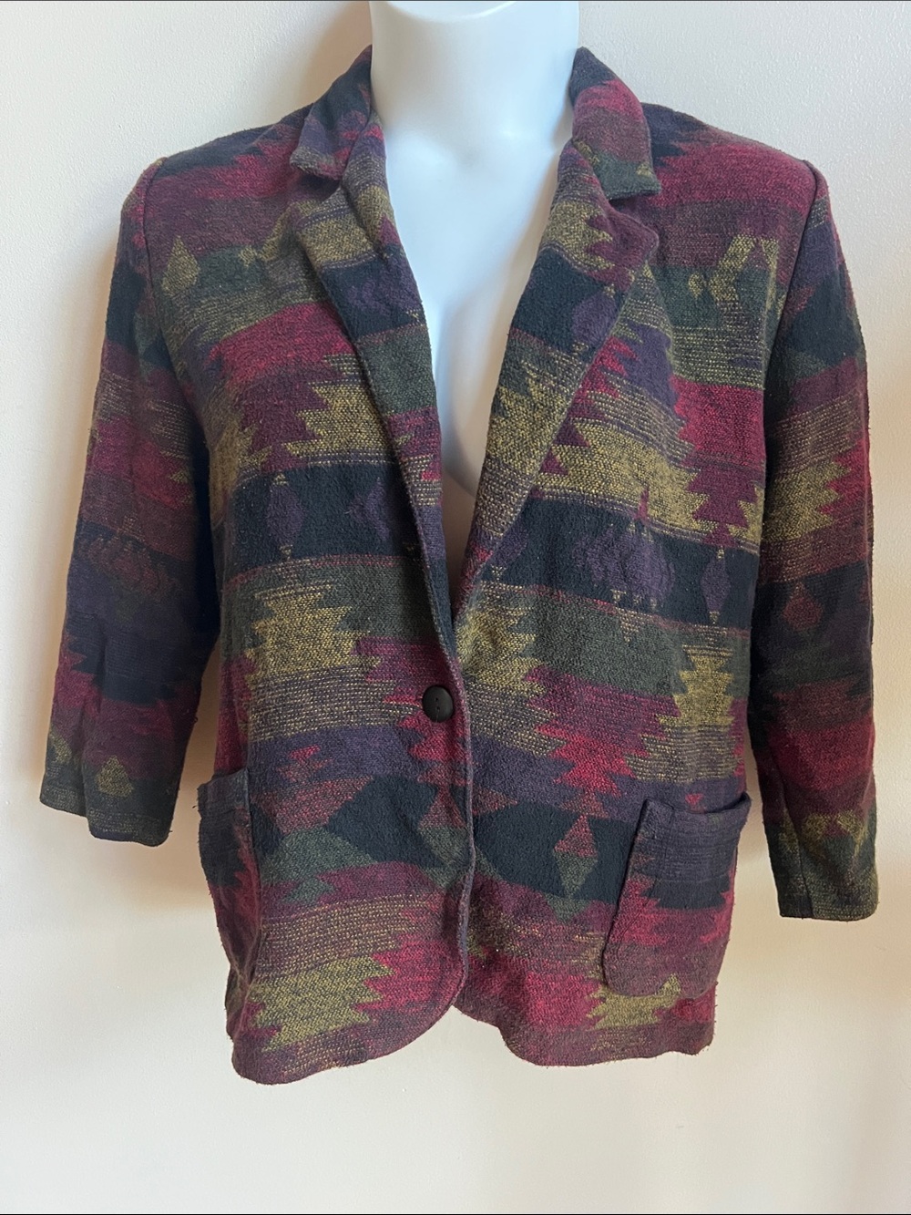 Southwestern tribal vintage Multicolor Woven Blazer - Burgundy & Olive